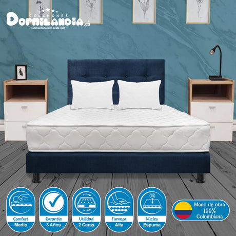 Combo Colchón Ultraflex Blanco y Azul King 200 X 200 Cm Firmeza Firme Doble Faz Con Cabecero y Base Cama - COLCHONES | Bylmo