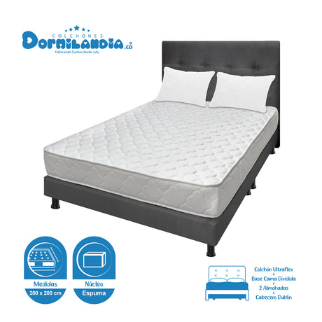 Combo Colchón Ultraflex Blanco y Gris King 200 X 200 Cm Firmeza Firme Doble Faz Con Cabecero y Base Cama - COLCHONES | Bylmo