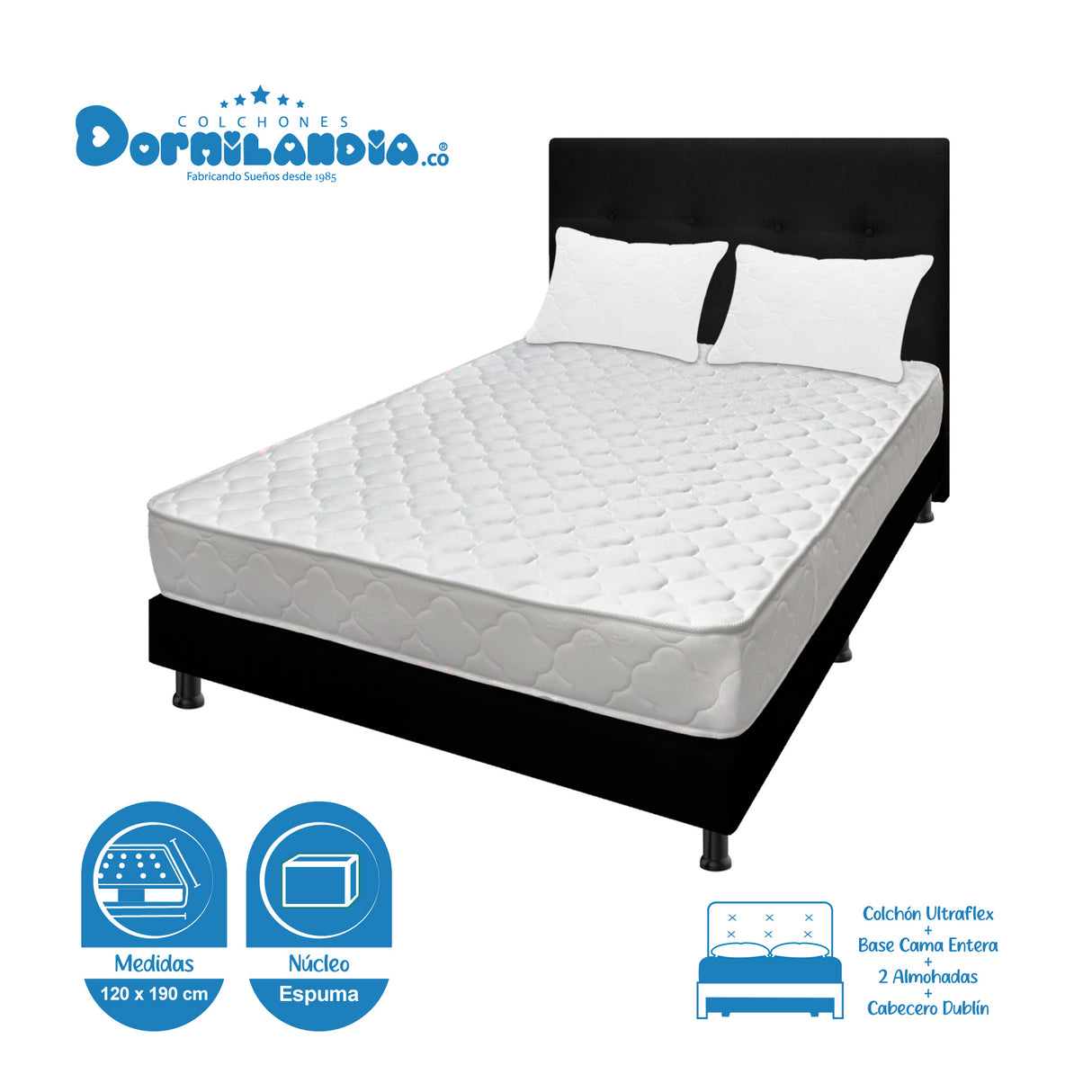 Combo Colchón Ultraflex Blanco y Negro Semidoble 120 X 190 Cm Firmeza Firme Doble Faz Con Cabecero y Base Cama - COLCHONES | Bylmo