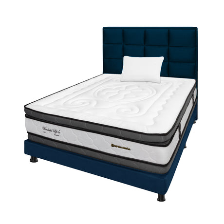 Combo Colchón Wonderful Blanco y Azul Sencillo 100 X 190 Cm Firmeza Medio Doble Faz Con Cabecero y Base Cama - COLCHONES | Bylmo