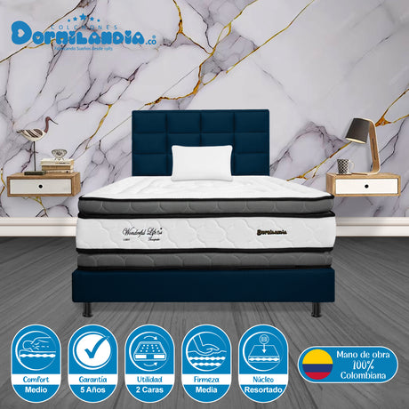 Combo Colchón Wonderful Blanco y Azul Sencillo 100 X 190 Cm Firmeza Medio Doble Faz Con Cabecero y Base Cama - COLCHONES | Bylmo