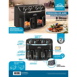 Freidora de Aire Negro 37.5x36cm De 8 Litros Con Cuatro Funciones Preconfiguradas y Dos Canastillas