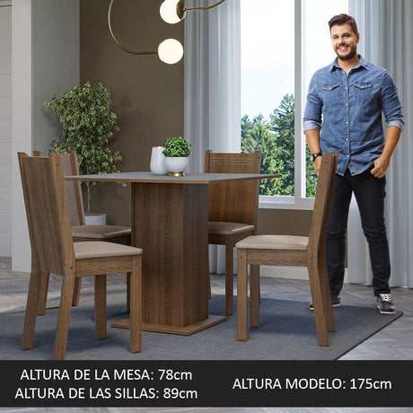 Combo Comedor y Sillas Samara Marron con Gris y Beige 90x78cm Cuadrado de Cuatro Puestos con Cuatro Sillas - COMEDORES | Bylmo
