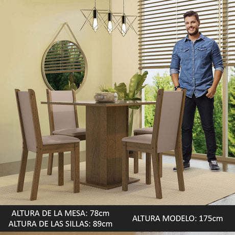 Combo Comedor y Sillas Tifani Marron con Crema y Beige 90x78cm Cuadrado de Cuatro Puestos con Cuatro Sillas - COMEDORES | Bylmo