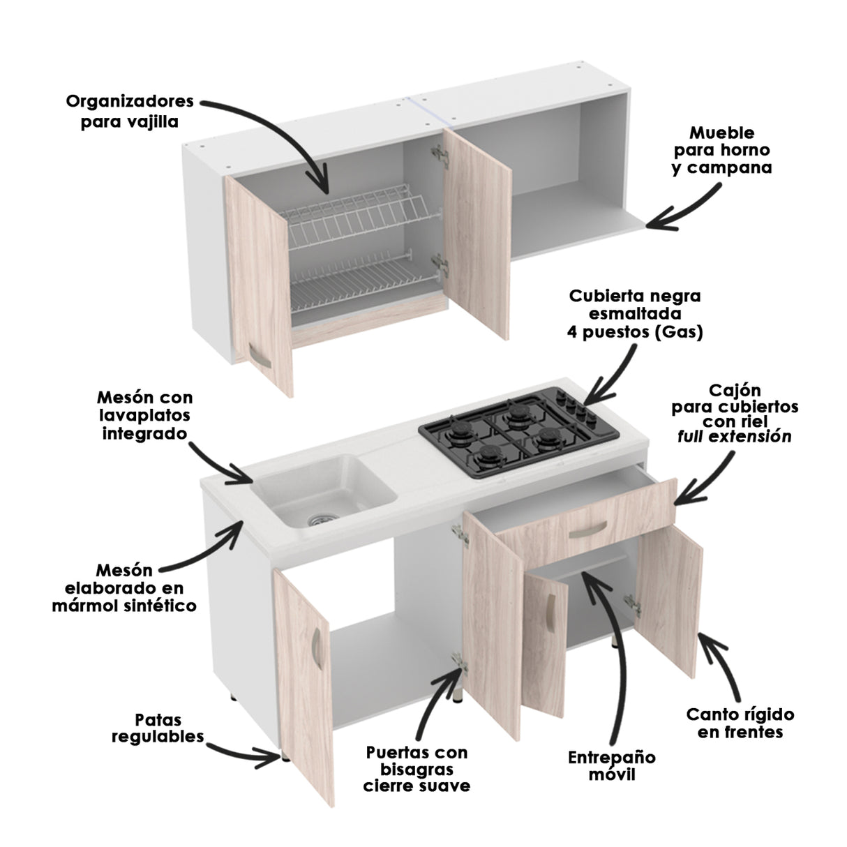 Cocina Ambar Blanco y Soder 150x212cm Con Meson de Marmol Sintético y Estufa Esmaltada - COCINAS | Bylmo
