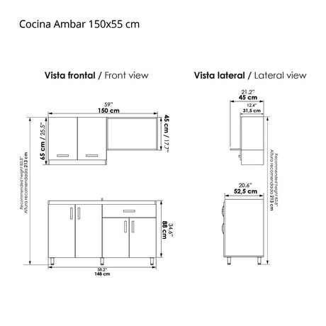 Cocina Ambar Blanco y Soder 150x212cm Con Meson de Marmol Sintético y Estufa Esmaltada - COCINAS | Bylmo