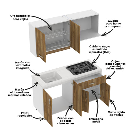 Cocina Ambar Blanco y Gracia 150x212cm Con Meson de Marmol Sintético y Estufa Esmaltada - COCINAS | Bylmo