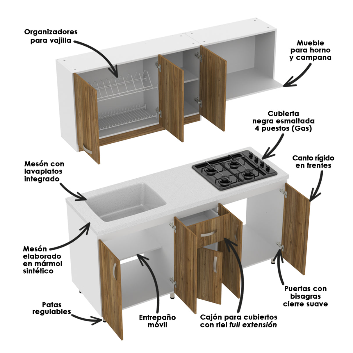 Cocina Ambar Blanco y Gracia 180x213cm Con Meson de Marmol Sintético y Estufa - COCINAS | Bylmo