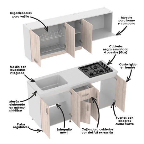 Cocina Ambar Blanco y Soder 180x213cm Con Meson de Marmol Sintético y Estufa - COCINAS | Bylmo