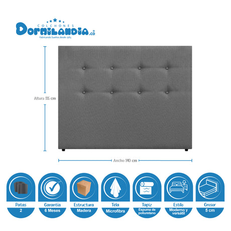 Cabecero Dublín Gris 140x115cm con Acabado Liso para Cama Doble - CABECEROS | Bylmo