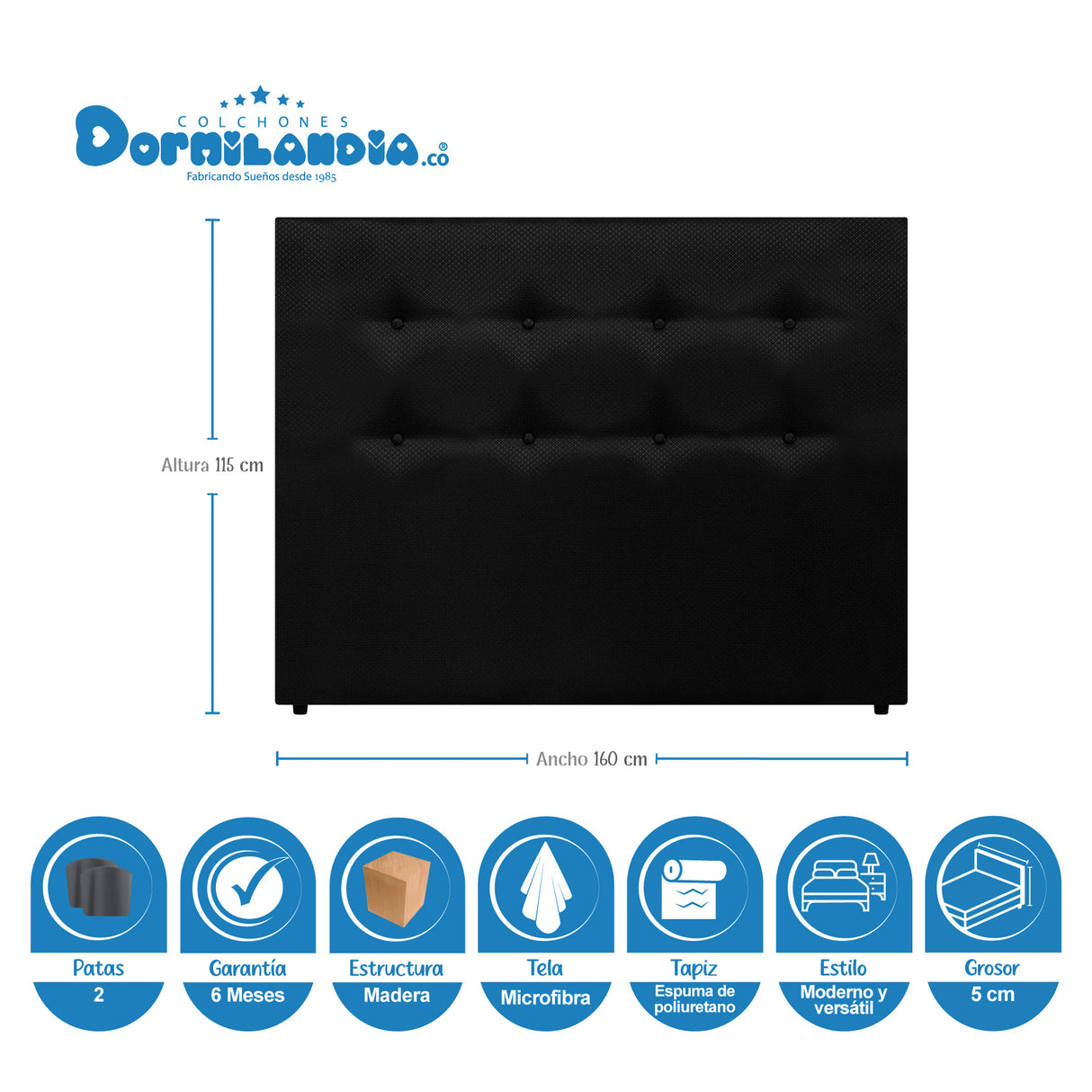Cabecero Dublín Negro 160x115cm con Acabado Liso para Cama Queen - CABECEROS | Bylmo