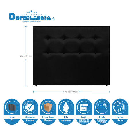 Cabecero Dublín Negro 160x115cm con Acabado Liso para Cama Queen - CABECEROS | Bylmo