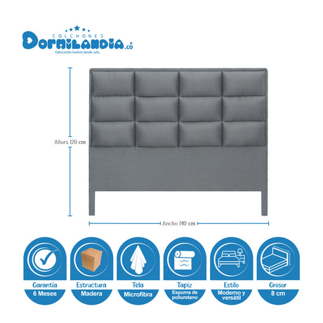 Cabecero Londres Gris 140x120cm con Acabado Abullonado para Cama Doble - CABECEROS | Bylmo