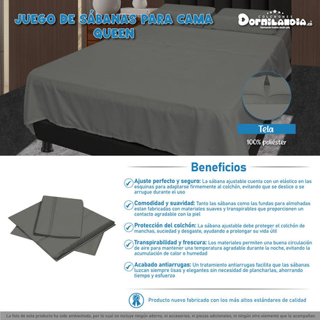 Juego de Sabanas Gris para Cama Queen 160 X 190 Cm Hipoelergénicas y Antiácaros - SABANAS | Bylmo
