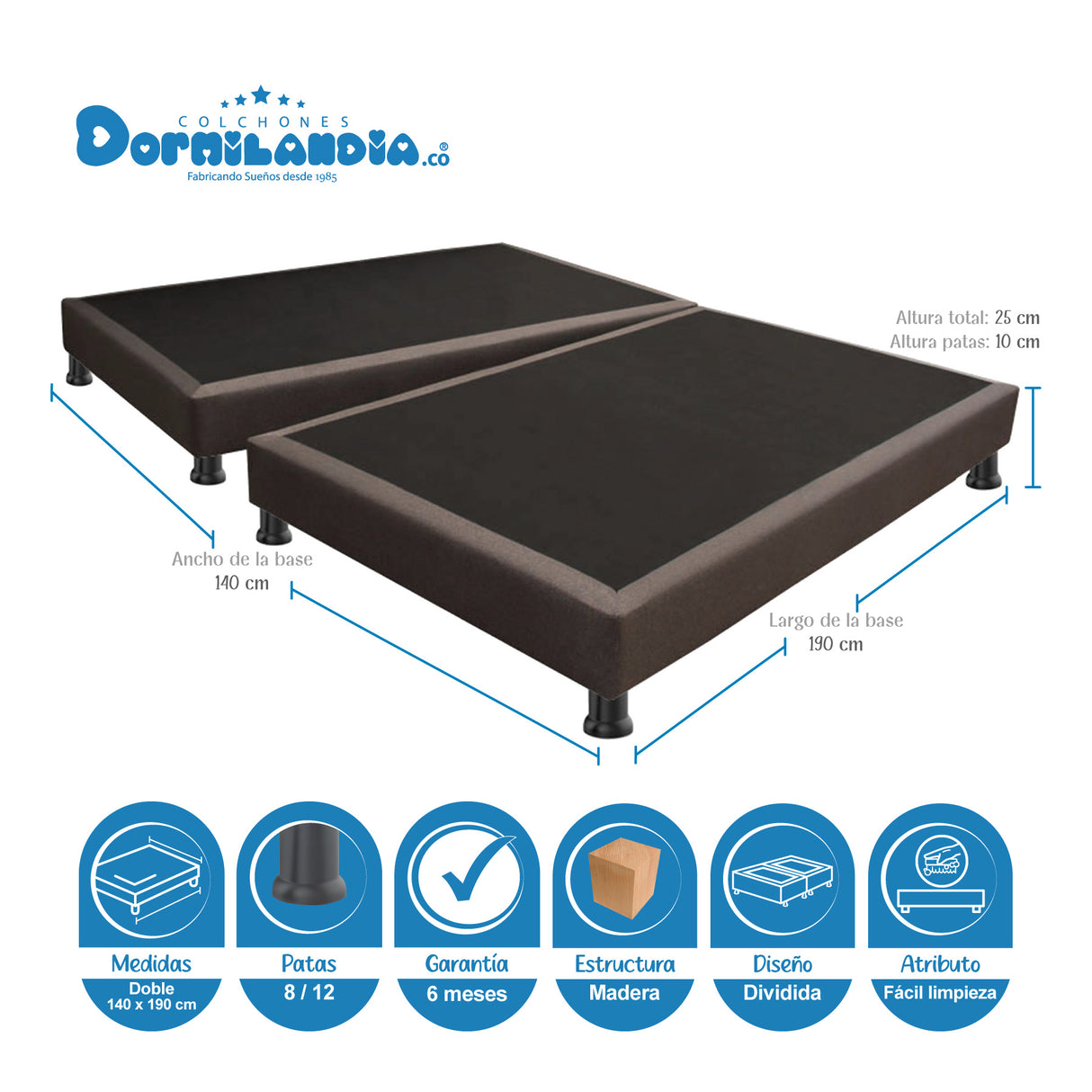 Combo Base Cama Dividida y Cabecero Londres Cafe 140x190cm Con Patas - CAMAS | Bylmo