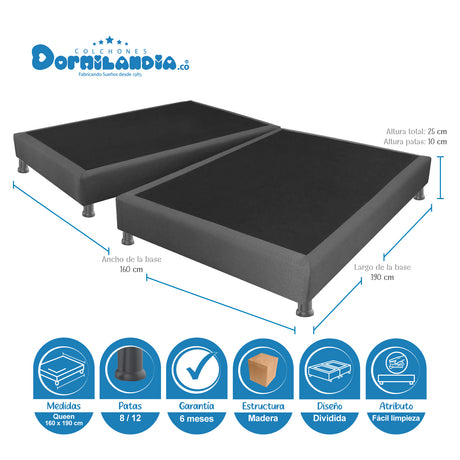 Combo Base Cama Dividida y Cabecero Londres Gris 160x190cm Con Patas - CAMAS | Bylmo