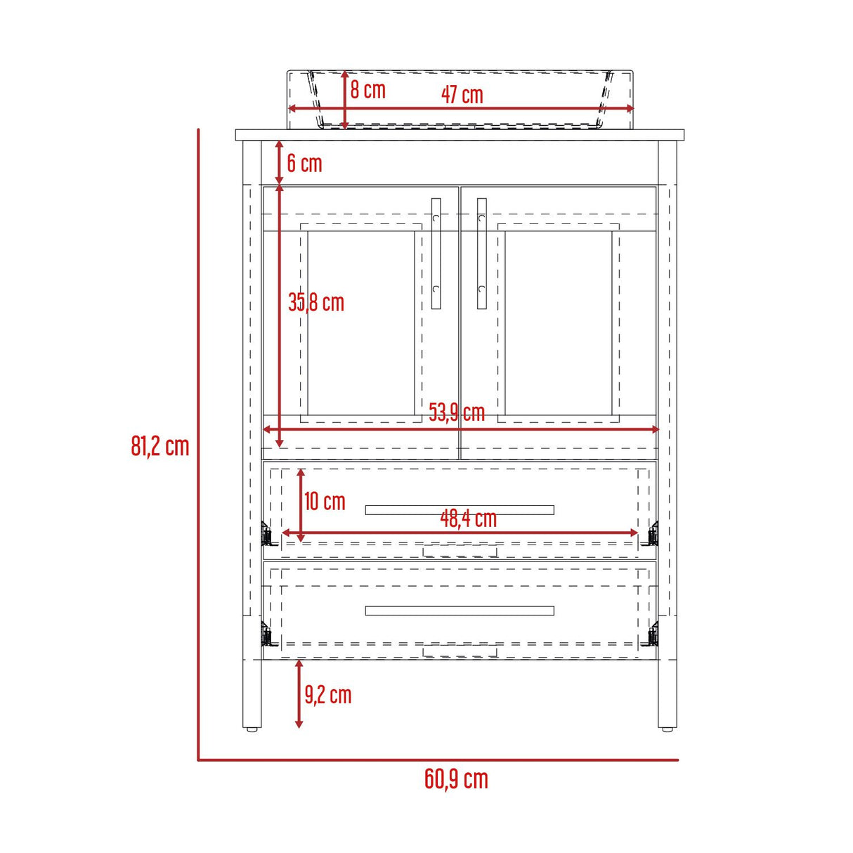 Mueble para Lavamanos Hilda Fresno Europeo 59.5x85.6cm con Lavamanos y Dos Cajones - MUEBLES PARA LAVAMANOS | Bylmo