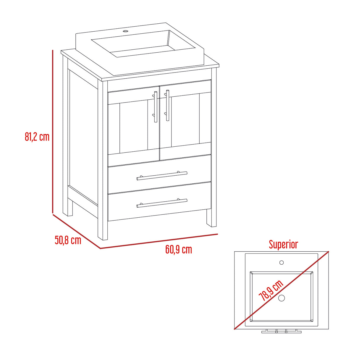 Mueble para Lavamanos Hilda Fresno Europeo 59.5x85.6cm con Lavamanos y Dos Cajones - MUEBLES PARA LAVAMANOS | Bylmo