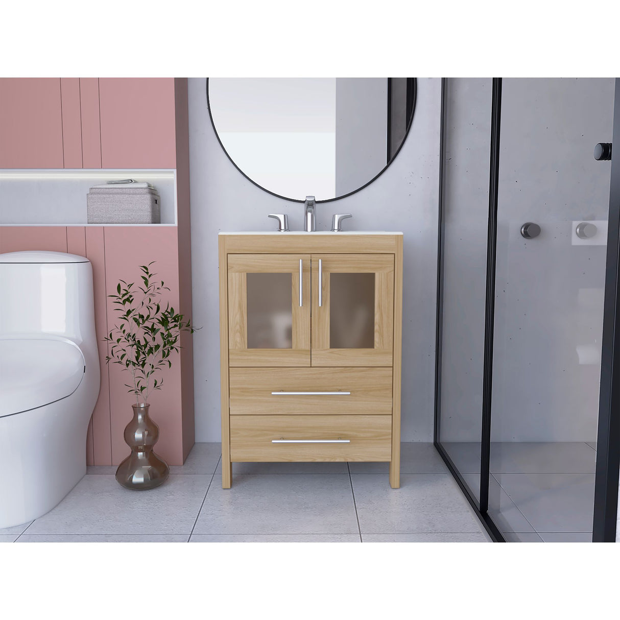 Mueble para Lavamanos Hilda Fresno Europeo 59.5x85.6cm con Lavamanos y Dos Cajones - MUEBLES PARA LAVAMANOS | Bylmo