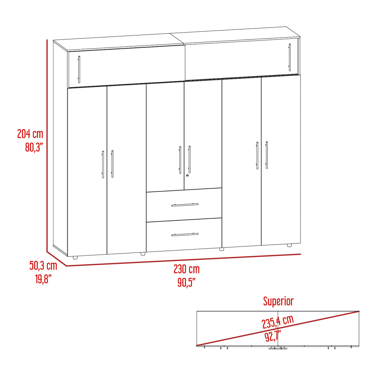 Closet Bigaf Milan y Wengue 230x204cm Con Tres Cajones y Ocho Puertas - CLOSETS | Bylmo