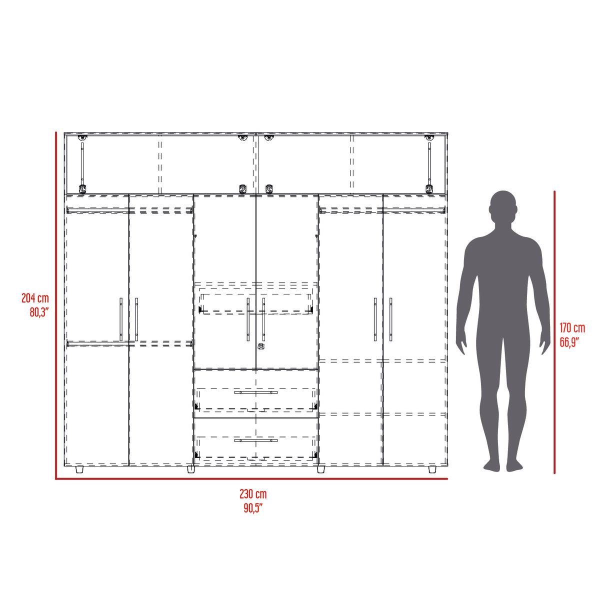 Closet Bigaf Milan y Wengue 230x204cm Con Tres Cajones y Ocho Puertas - CLOSETS | Bylmo