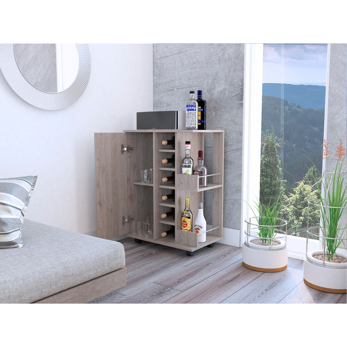 Bar Carro Cart Ceniza 60x82.1cm Con Seis Portabotellas - BARES | Bylmo
