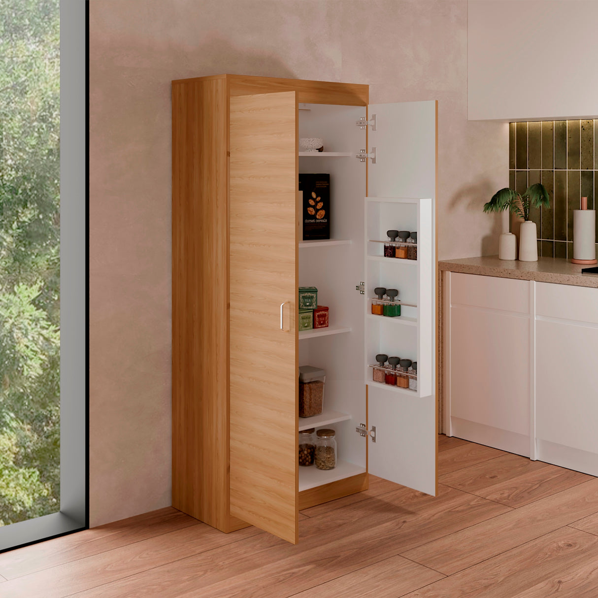 Alacena Varese Fresno Europeo y Blanco 70x160.75cm Con Dos Puertas - ALACENAS Y MUEBLES MICROONDAS | Bylmo