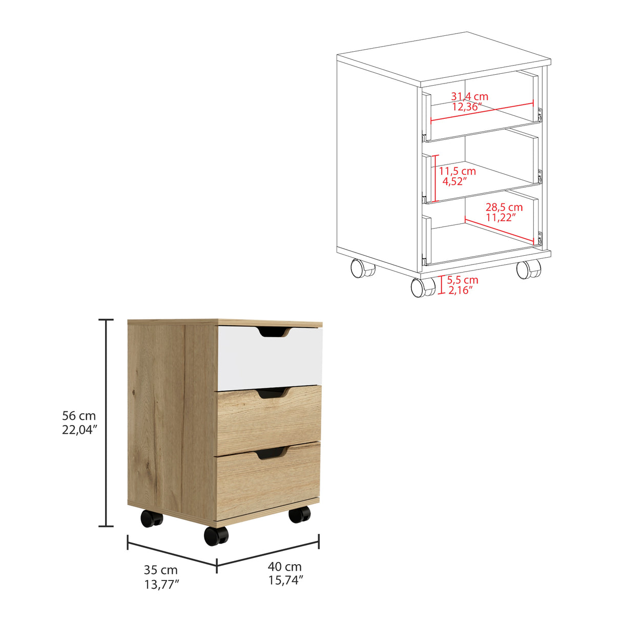 Archivador Vilna Duna y Blanco 40x56cm Con Ruedas y Tres Cajones - ARCHIVADORES | Bylmo