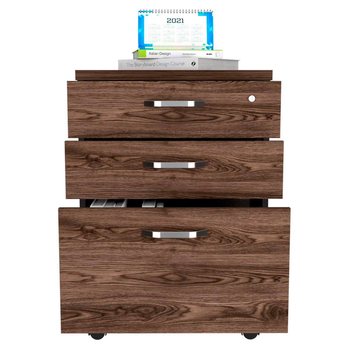 Archivador Home Office Coñac y Wengue 49.1x71.6cm Con Ruedas y Tres Cajones - ARCHIVADORES | Bylmo