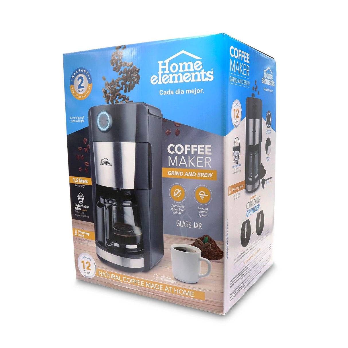 Cafetera Eléctrica Negro y Plateado 20.5x39.5cm Con Sistema Antigoteo y Moledor de Café Para 12 Tazas