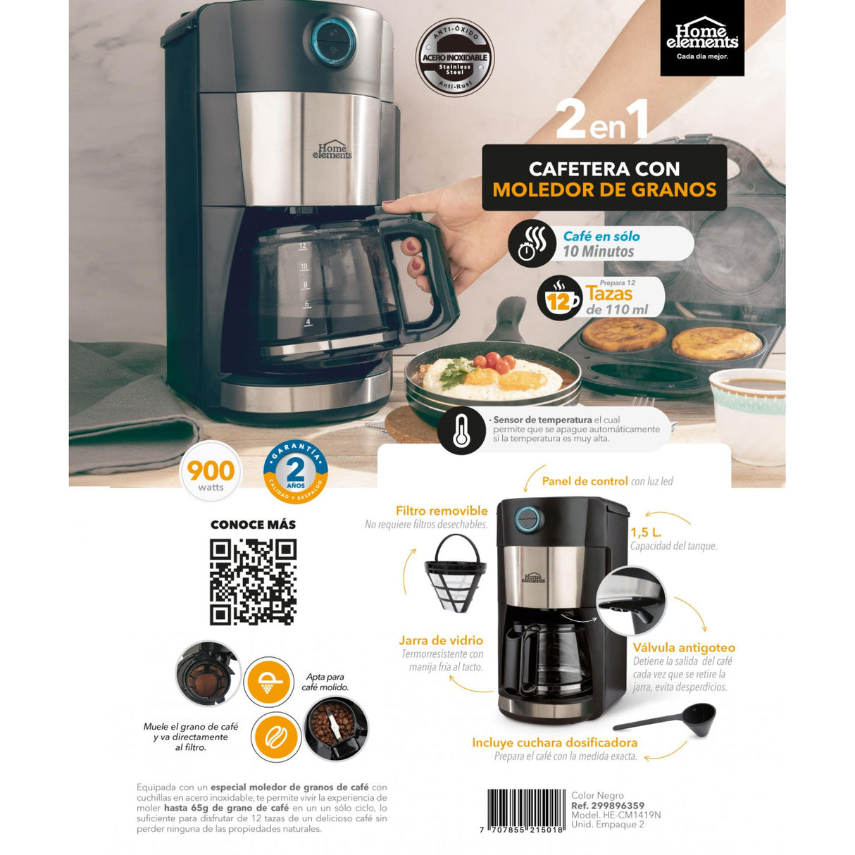 Cafetera Eléctrica Negro y Plateado 20.5x39.5cm Con Sistema Antigoteo y Moledor de Café Para 12 Tazas