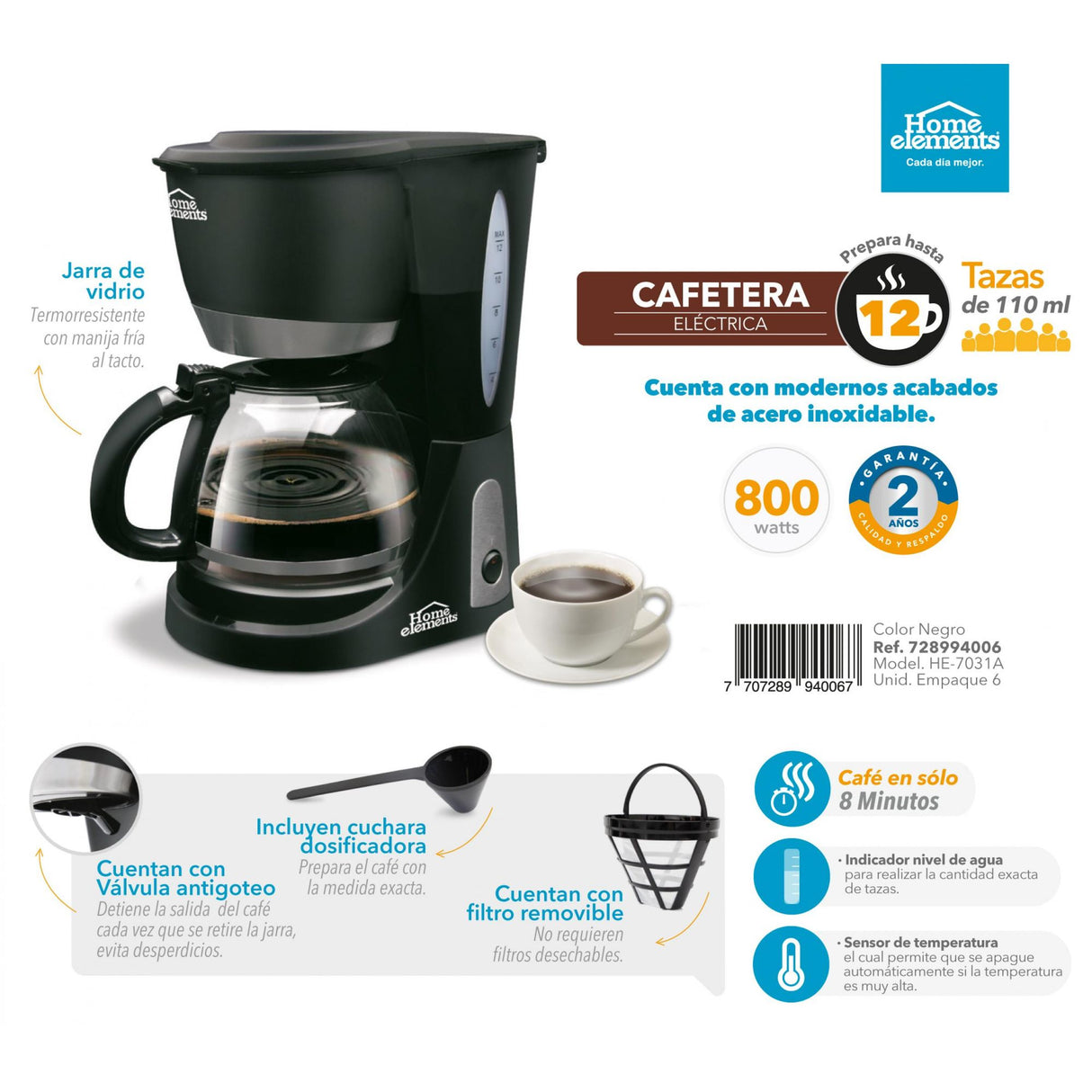 Cafetera Eléctrica Negro y Plateado 19x30cm Con Sistema Antigoteo Para 12 Tazas - CAFETERAS ELECTRICAS | Bylmo