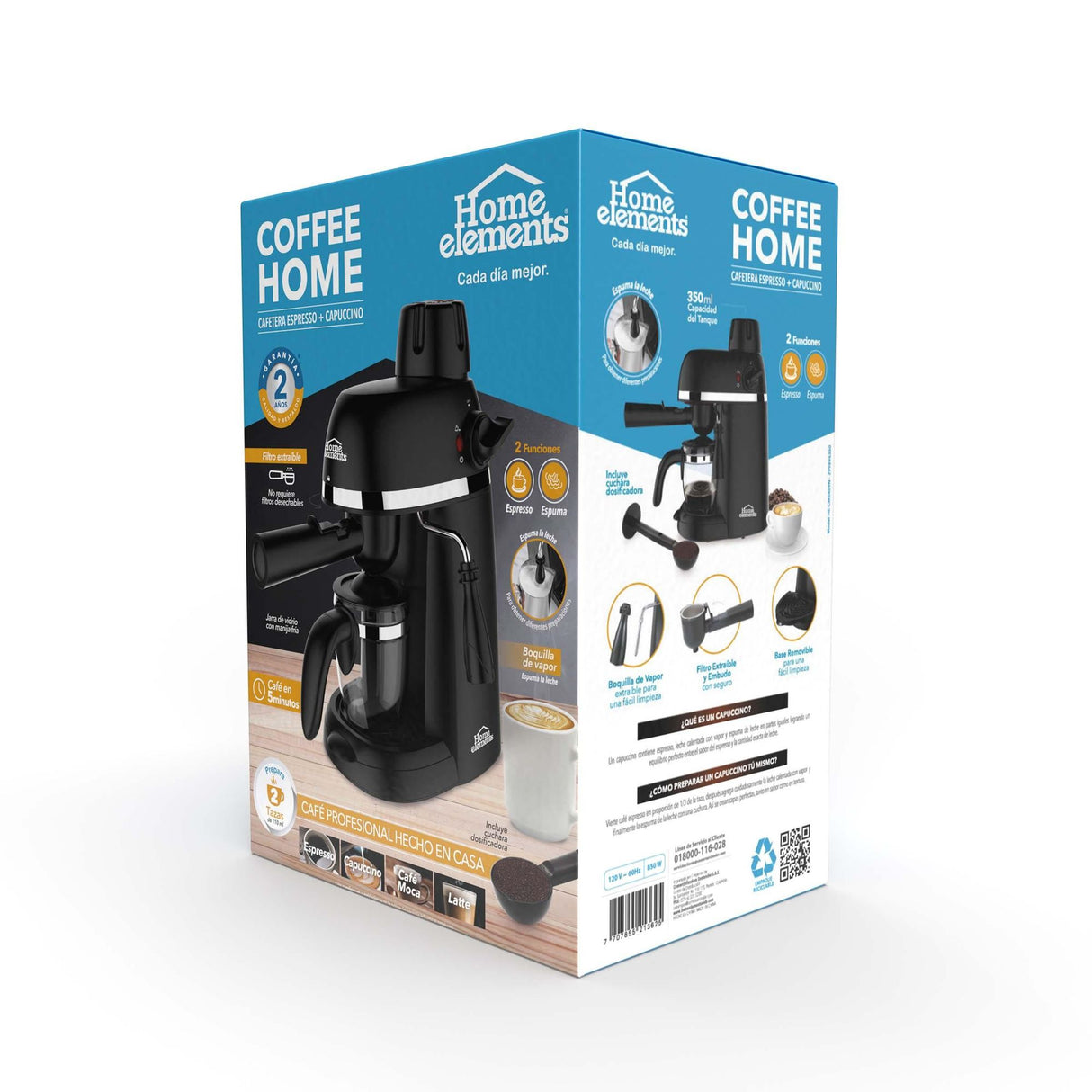 Cafetera Eléctrica Espresso Negro 20x30cm Con Sistema Antigoteo y Boquilla de Vapor Para 2 Tazas - CAFETERAS ELECTRICAS | Bylmo