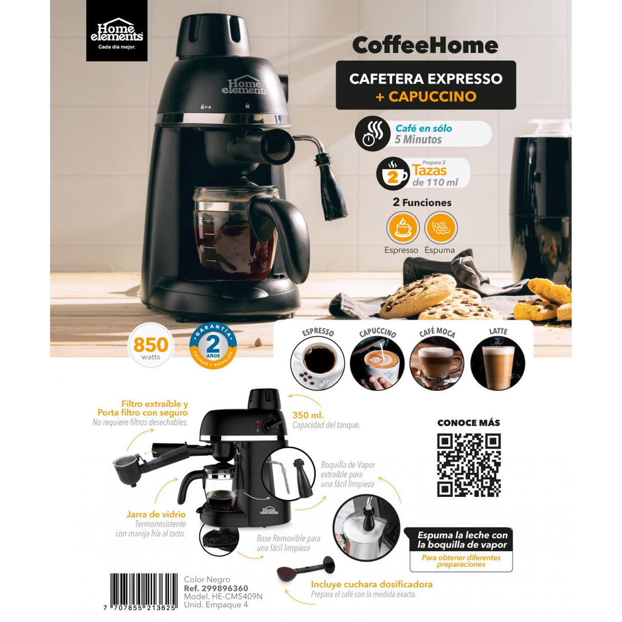 Cafetera Eléctrica Espresso Negro 20x30cm Con Sistema Antigoteo y Boquilla de Vapor Para 2 Tazas - CAFETERAS ELECTRICAS | Bylmo