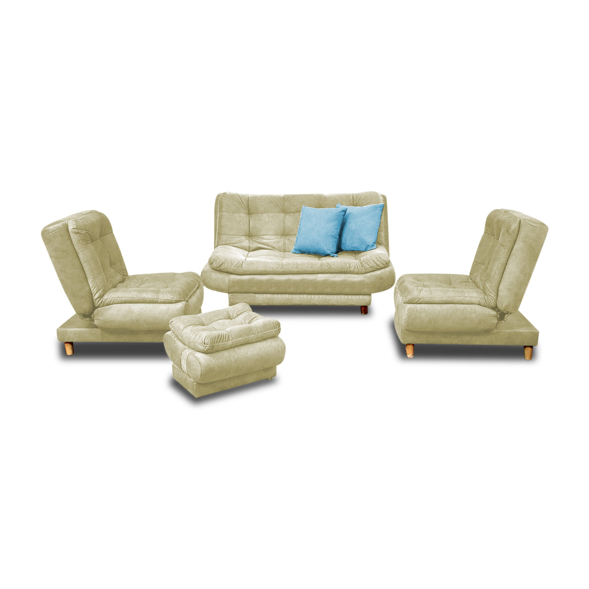 Sala Damasco Beige 150x40cm De Cuatro Puestos Con Sofacama Sillas Auxiliares y Puff - SOFAS Y POLTRONAS | Bylmo