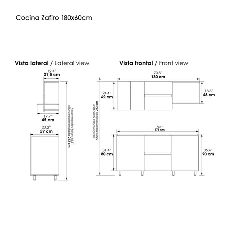 Cocina Modular Zafiro Blanco 180x75cm Con Mesón y Con Estufa - COCINAS | Bylmo