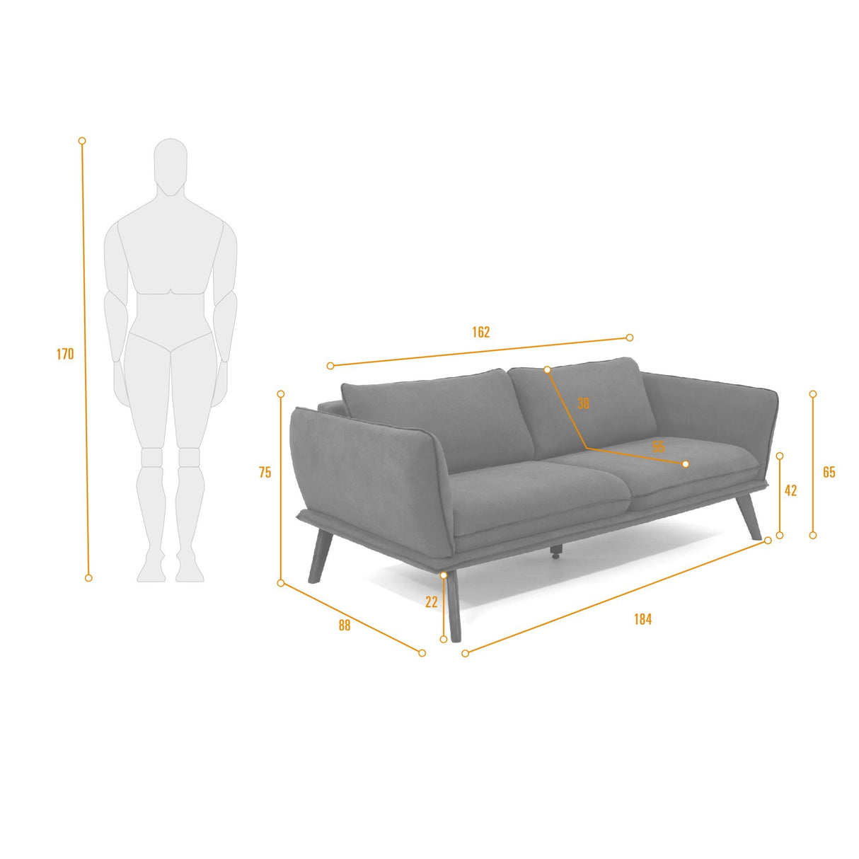 Sofá Hudson Gris 184x75cm de Tres Puestos con Apoya Brazos - SOFAS Y POLTRONAS | Bylmo