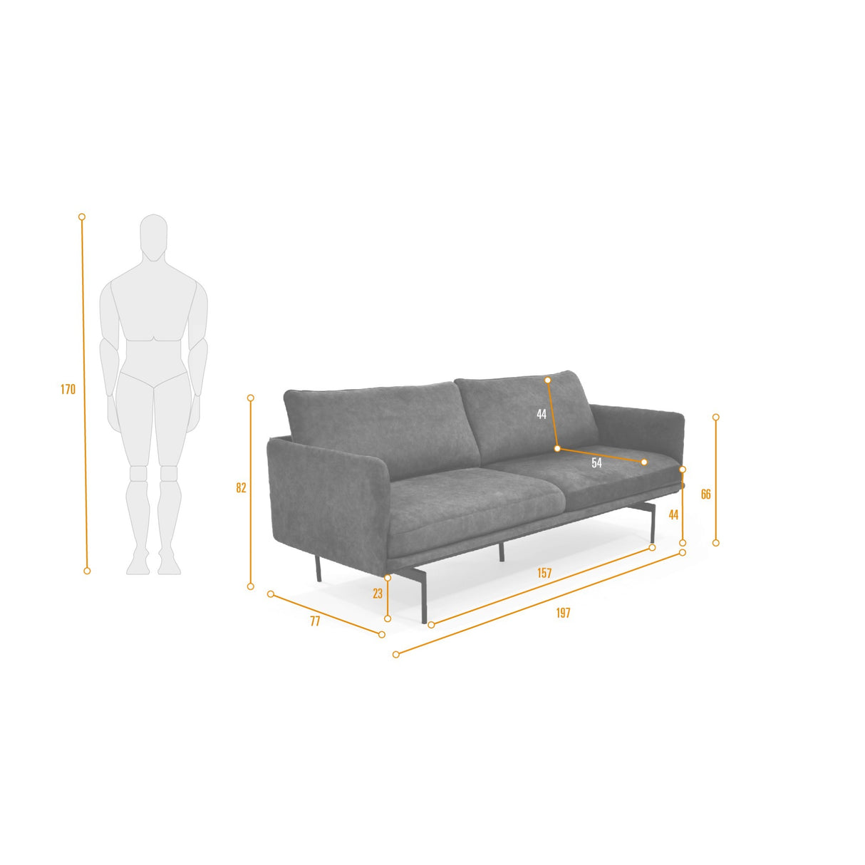 Sofá Mubi Gris 197x82cm de Tres Puestos con Apoya Brazos - SOFAS Y POLTRONAS | Bylmo
