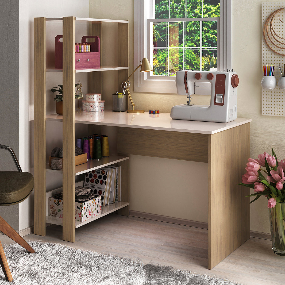 Escritorio con Biblioteca Match Roble y Off White 120x134cm con Tres Repisas - ESCRITORIOS | Bylmo