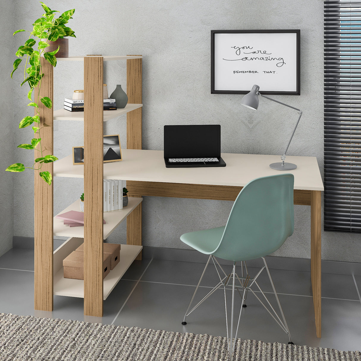 Escritorio con Biblioteca Match Roble y Off White 120x134cm con Tres Repisas - ESCRITORIOS | Bylmo