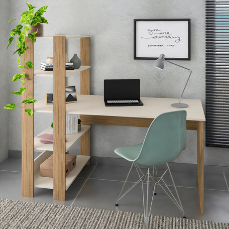 Escritorio con Biblioteca Match Roble y Off White 120x134cm con Tres Repisas - ESCRITORIOS | Bylmo