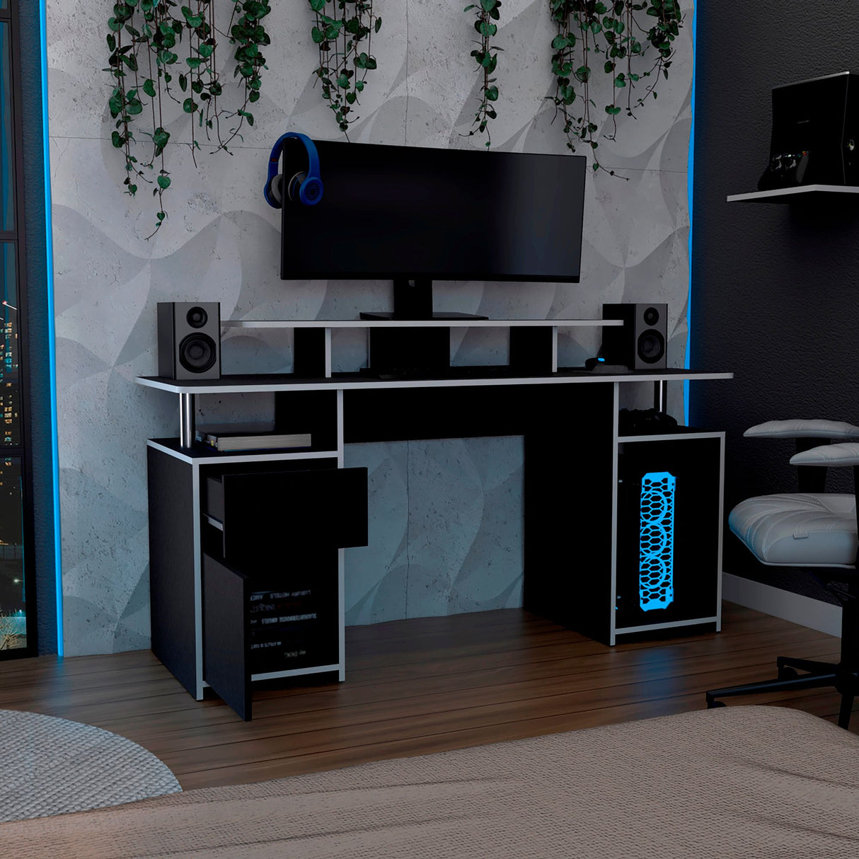 Escritorio Gamer Keria Wengue y Blanco 157x88.5cm con Un Cajón - ESCRITORIOS | Bylmo