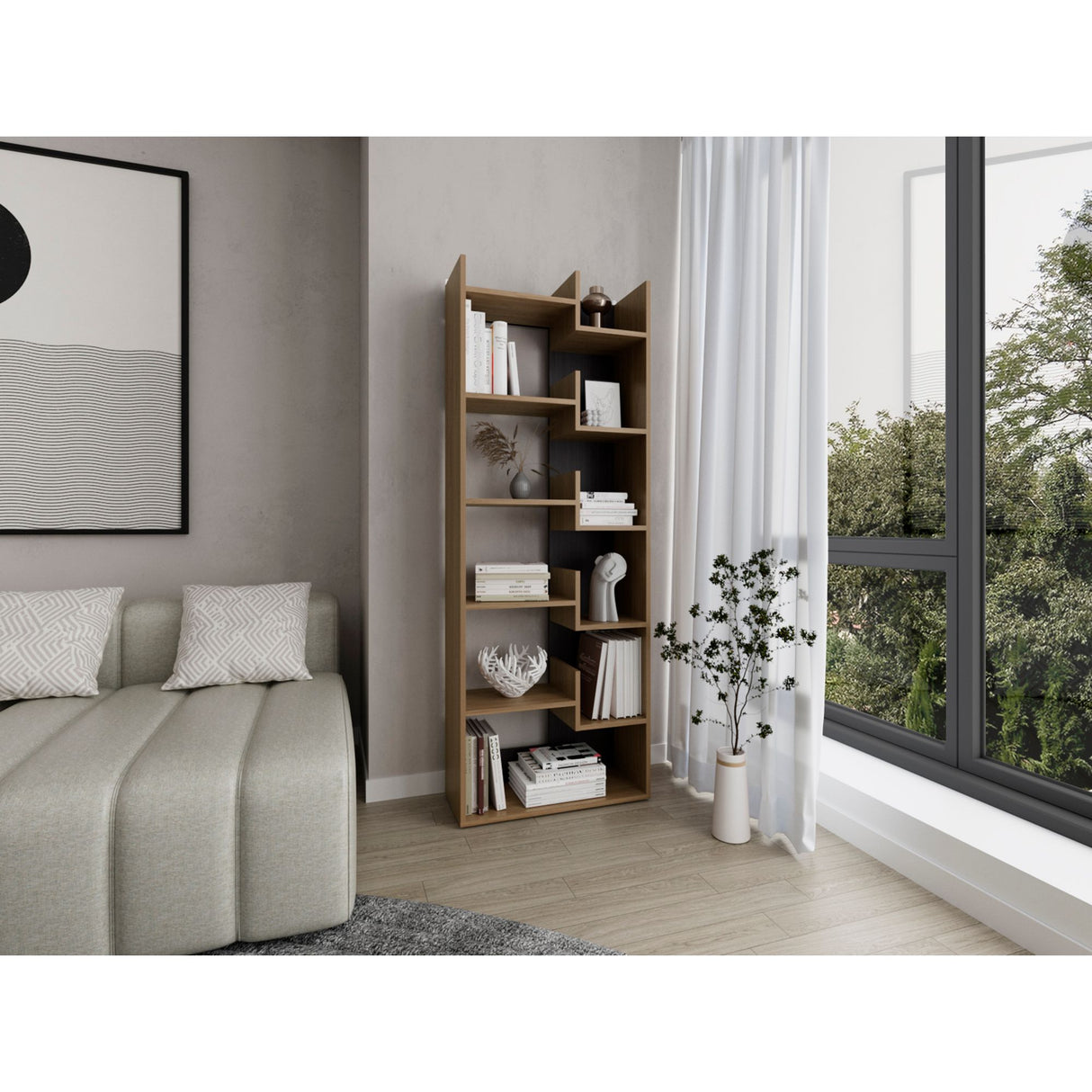 Biblioteca Asimétrica Clover Fresno Europeo y Wengue 60x162cm con OnceCompartimientos - BIBLIOTECAS Y ESTANTERIAS | Bylmo