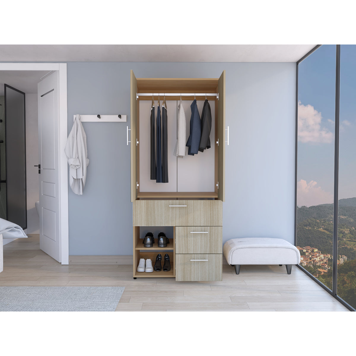 Closet Sevilla Fresno Europeo Mallado 80x180cm Con Tres Cajones y Cinco Compartimientos