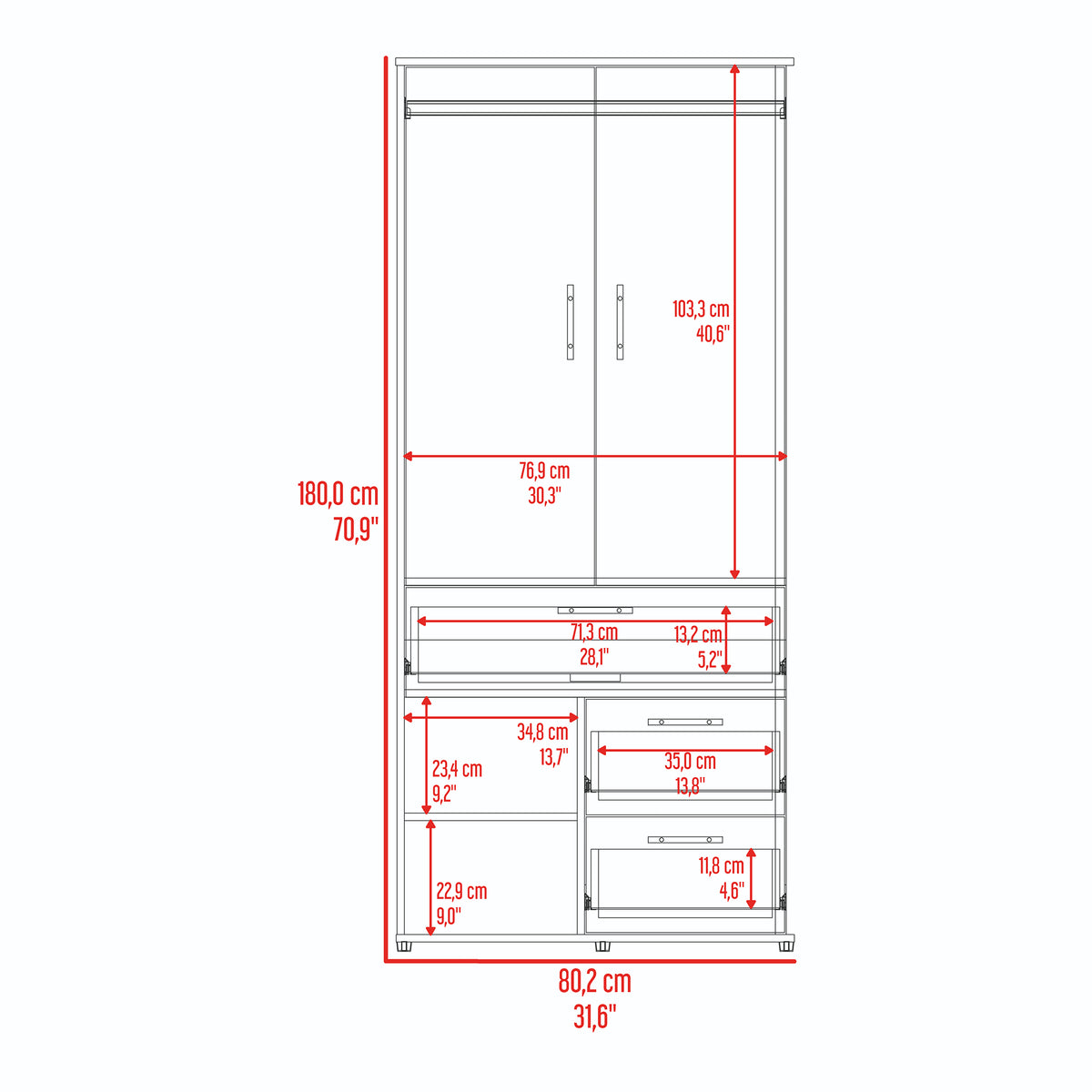 Closet Sevilla Fresno Europeo Mallado 80x180cm Con Tres Cajones y Cinco Compartimientos