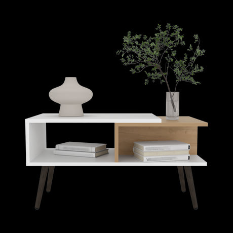 Mesa de Centro Aranjuez Blanco y Fresno 75x39.5cm Rectangular con Compartimientos y con Patas - MESAS DE CENTRO | Bylmo