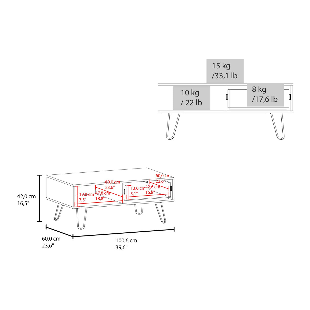 Mesa de Centro Tori Blanco y Fresno Europeo 100.6x42cm Rectangular con Compartimientos y con Patas - MESAS DE CENTRO | Bylmo