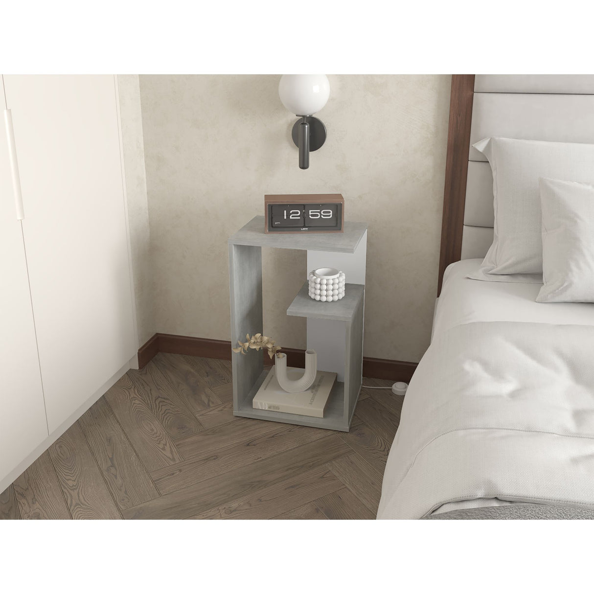 Mesa Auxiliar Everett Cemento y Blanco 39.8x63.4cm Rectangular con Dos Compartimientos - MESAS AUXILIARES | Bylmo
