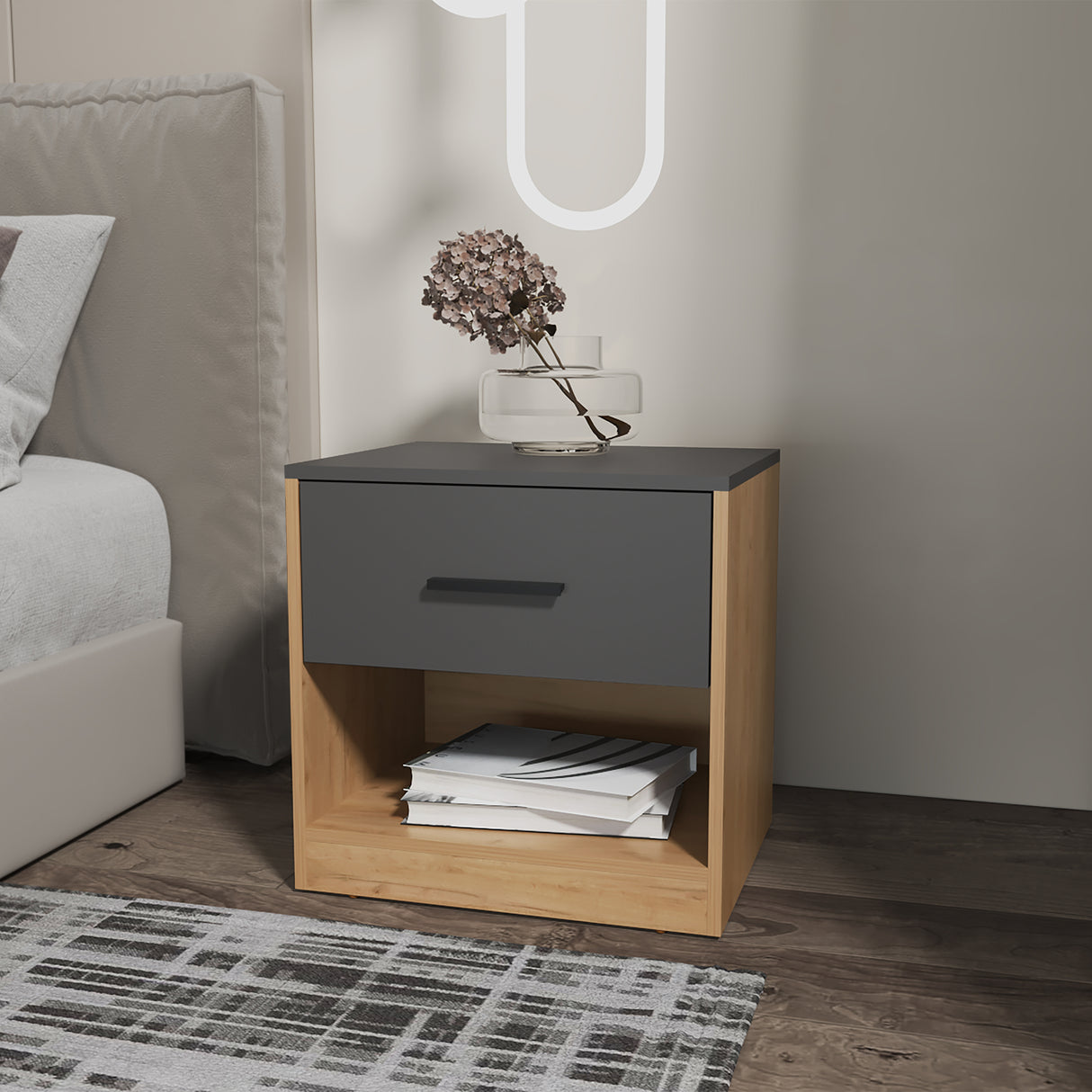 Mesa de Noche Alder Plomo y Fresno Europeo 50x50cm con Un Cajón - MESAS DE NOCHE | Bylmo