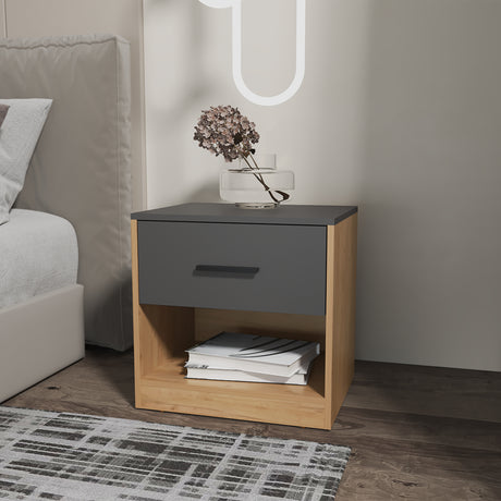 Mesa de Noche Alder Plomo y Fresno Europeo 50x50cm con Un Cajón - MESAS DE NOCHE | Bylmo